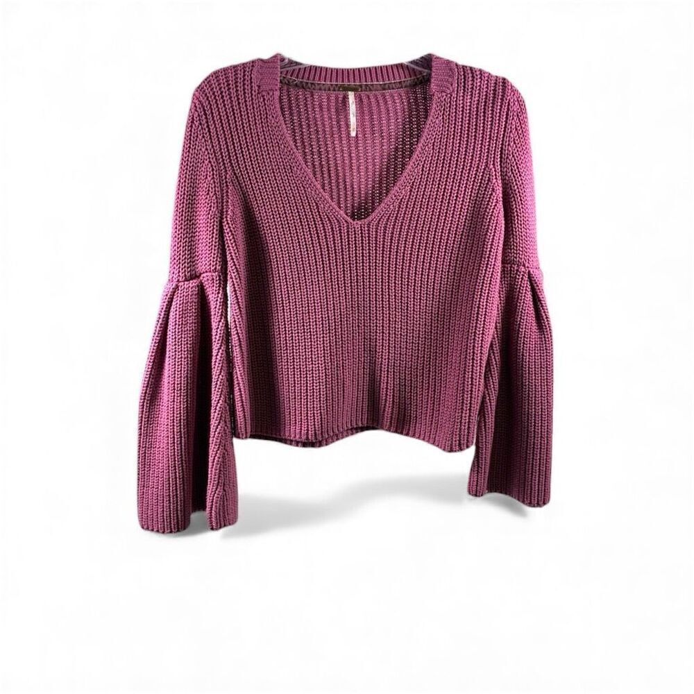 Free People V Neck Bell Sleeve Ribbed Sweater in Mauve Size XS